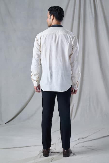 Shop_Bhusattva_Ivory Organic Peace Silk Fringe Detail Collar Shirt _at_Aza_Fashions