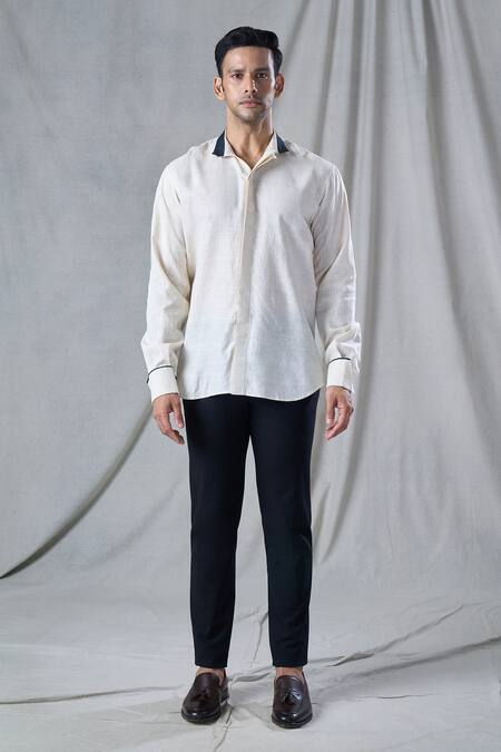 Bhusattva_Ivory Organic Peace Silk Fringe Detail Collar Shirt _Online_at_Aza_Fashions