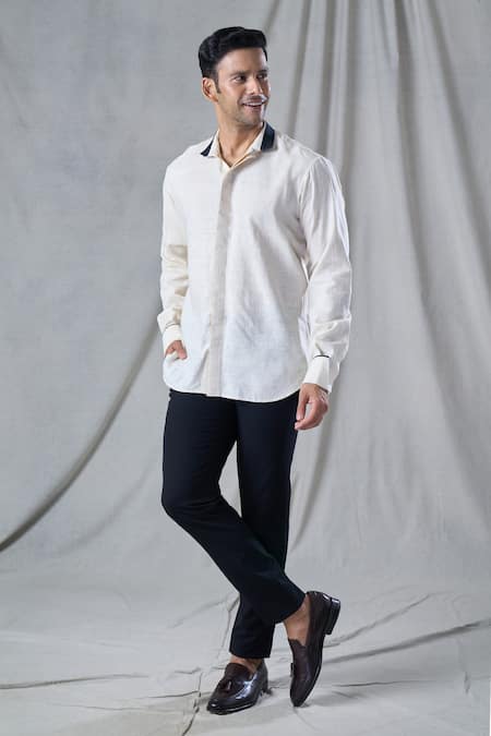 Buy_Bhusattva_Ivory Organic Peace Silk Fringe Detail Collar Shirt _Online_at_Aza_Fashions