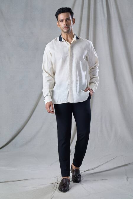 Shop_Bhusattva_Ivory Organic Peace Silk Fringe Detail Collar Shirt _Online_at_Aza_Fashions