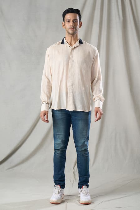 Bhusattva_Ivory Fringe Contrast Detail Collar Shirt _Online_at_Aza_Fashions