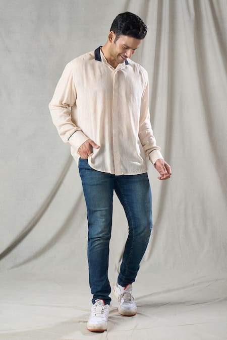 Shop_Bhusattva_Ivory Fringe Contrast Detail Collar Shirt _Online_at_Aza_Fashions