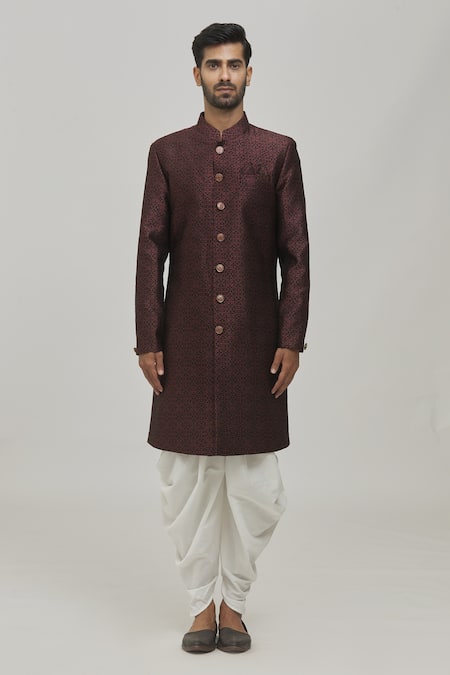 Arihant Rai Sinha_Wine Jacquard, Silk, Cotton Embroidery Woven Floral Pattern Sherwani Set _Online_at_Aza_Fashions