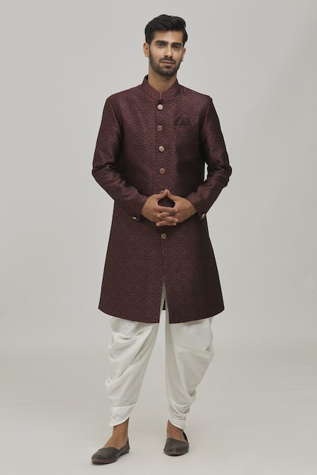 Buy_Arihant Rai Sinha_Wine Jacquard, Silk, Cotton Embroidery Woven Floral Pattern Sherwani Set _Online_at_Aza_Fashions