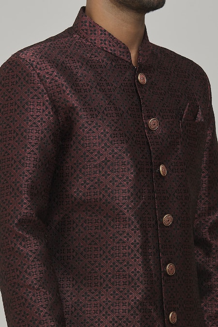 Shop_Arihant Rai Sinha_Wine Jacquard, Silk, Cotton Embroidery Woven Floral Pattern Sherwani Set _Online_at_Aza_Fashions