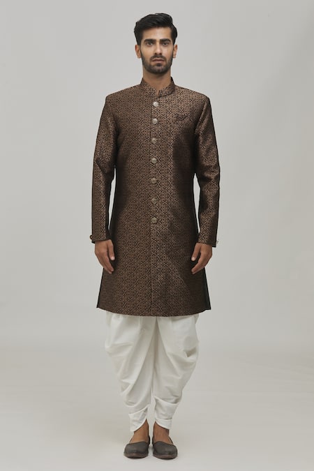 Arihant Rai Sinha_Brown Jacquard, Silk, Cotton Embroidery Woven Floral Pattern Sherwani Set _Online_at_Aza_Fashions