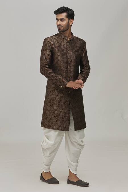 Buy_Arihant Rai Sinha_Brown Jacquard, Silk, Cotton Embroidery Woven Floral Pattern Sherwani Set _Online_at_Aza_Fashions