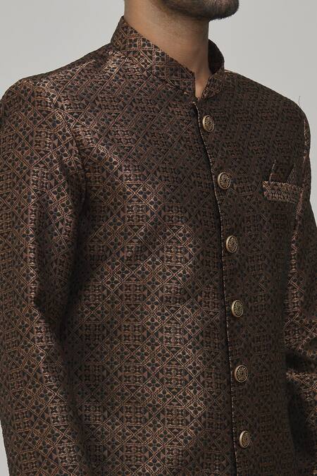 Shop_Arihant Rai Sinha_Brown Jacquard, Silk, Cotton Embroidery Woven Floral Pattern Sherwani Set _Online_at_Aza_Fashions