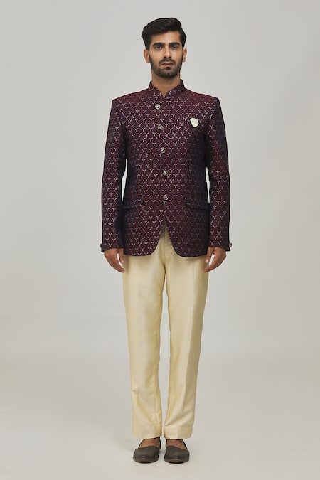 Arihant Rai Sinha Maroon Jacquard, Terrycloth, Polyester Embroidery Bandhgala Set Online at Aza Fashions Arihant Rai Sinha_Maroon Jacquard, Terrycloth, Polyester Embroidery Bandhgala Set _Online_at_Aza_Fashions