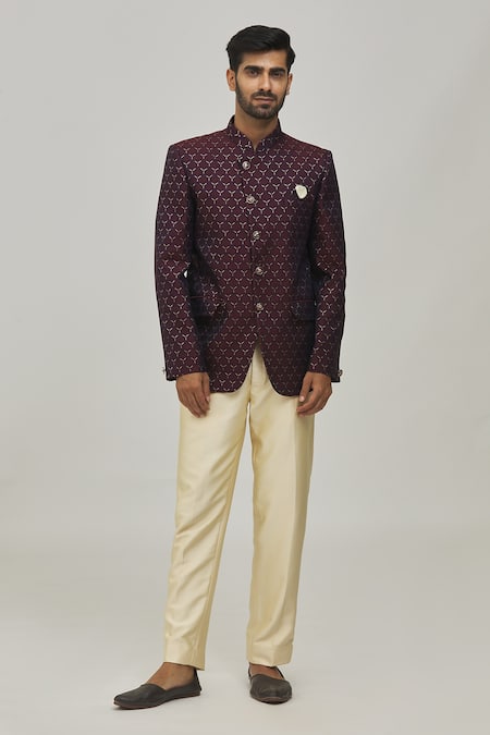 Buy Arihant Rai Sinha Maroon Jacquard, Terrycloth, Polyester Embroidery Bandhgala Set Online at Aza Fashions Buy_Arihant Rai Sinha_Maroon Jacquard, Terrycloth, Polyester Embroidery Bandhgala Set _Online_at_Aza_Fashions