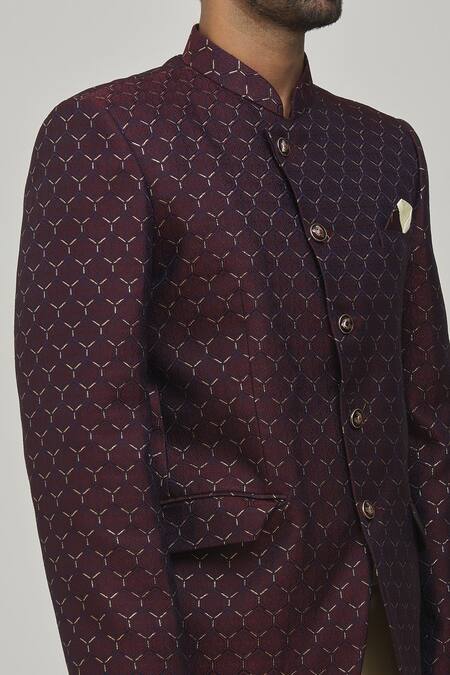 Shop Arihant Rai Sinha Maroon Jacquard, Terrycloth, Polyester Embroidery Bandhgala Set Online at Aza Fashions Shop_Arihant Rai Sinha_Maroon Jacquard, Terrycloth, Polyester Embroidery Bandhgala Set _Online_at_Aza_Fashions