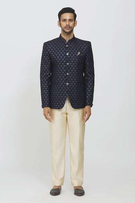 Buy Arihant Rai Sinha Blue Jacquard, Polyester, Terrycloth Metallic Thread Embroidered Bandhgala Set Online at Aza Fashions Buy_Arihant Rai Sinha_Blue Jacquard, Polyester, Terrycloth Metallic Thread Embroidered Bandhgala Set _Online_at_Aza_Fashions