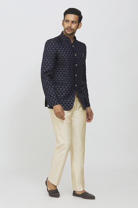 Shop Arihant Rai Sinha Blue Jacquard, Polyester, Terrycloth Metallic Thread Embroidered Bandhgala Set Online at Aza Fashions Shop_Arihant Rai Sinha_Blue Jacquard, Polyester, Terrycloth Metallic Thread Embroidered Bandhgala Set _Online_at_Aza_Fashions