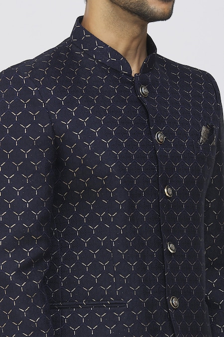 Arihant Rai Sinha Blue Jacquard, Polyester, Terrycloth Metallic Thread Embroidered Bandhgala Set at Aza Fashions Arihant Rai Sinha_Blue Jacquard, Polyester, Terrycloth Metallic Thread Embroidered Bandhgala Set _at_Aza_Fashions