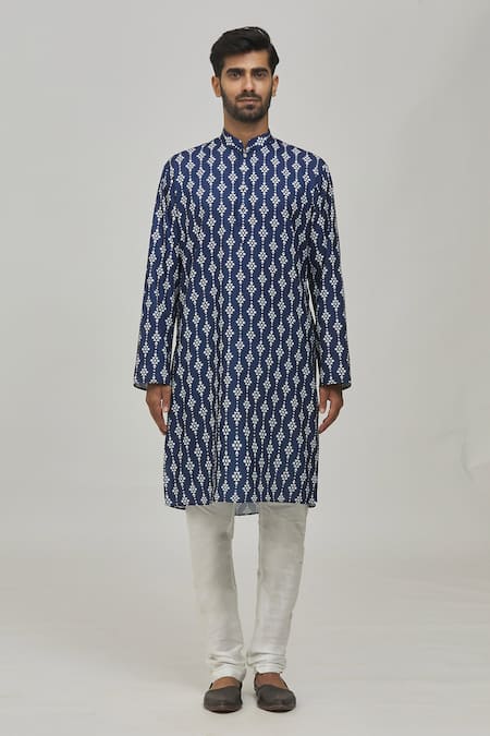 Arihant Rai Sinha Blue Cotton, Silk Geometric Print Kurta Set Online at Aza Fashions Arihant Rai Sinha_Blue Cotton, Silk Geometric Print Kurta Set _Online_at_Aza_Fashions