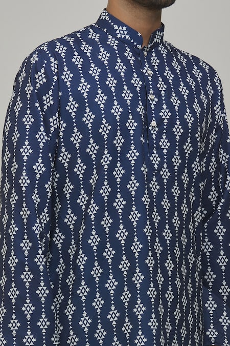 Shop Arihant Rai Sinha Blue Cotton, Silk Geometric Print Kurta Set Online at Aza Fashions Shop_Arihant Rai Sinha_Blue Cotton, Silk Geometric Print Kurta Set _Online_at_Aza_Fashions