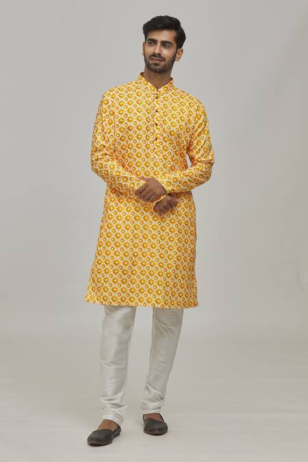 Buy_Arihant Rai Sinha_Yellow Cotton, Silk Diamond Print Kurta Set_Online_at_Aza_Fashions