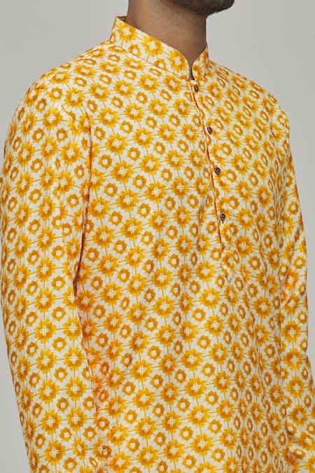 Shop_Arihant Rai Sinha_Yellow Cotton, Silk Diamond Print Kurta Set_Online_at_Aza_Fashions