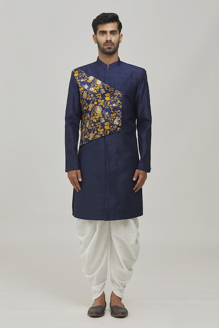 Arihant Rai Sinha Blue Jacquard, Silk Embroidery Flower Placement Woven Sherwani Set Online at Aza Fashions Arihant Rai Sinha_Blue Jacquard, Silk Embroidery Flower Placement Woven Sherwani Set _Online_at_Aza_Fashions