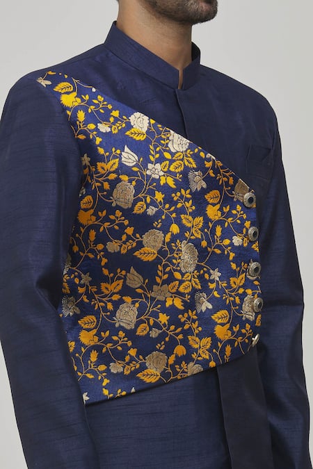 Shop Arihant Rai Sinha Blue Jacquard, Silk Embroidery Flower Placement Woven Sherwani Set Online at Aza Fashions Shop_Arihant Rai Sinha_Blue Jacquard, Silk Embroidery Flower Placement Woven Sherwani Set _Online_at_Aza_Fashions