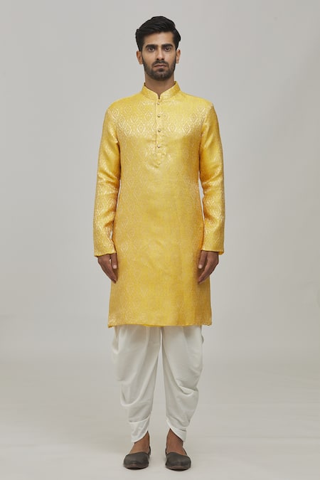 Arihant Rai Sinha_Yellow Jacquard, Silk, Cotton Woven Bright Kurta And Patiala Pant Set _Online_at_Aza_Fashions