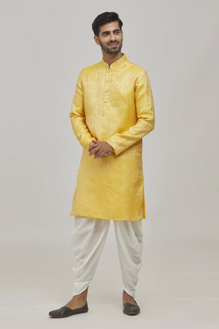 Buy_Arihant Rai Sinha_Yellow Jacquard, Silk, Cotton Woven Bright Kurta And Patiala Pant Set _Online_at_Aza_Fashions