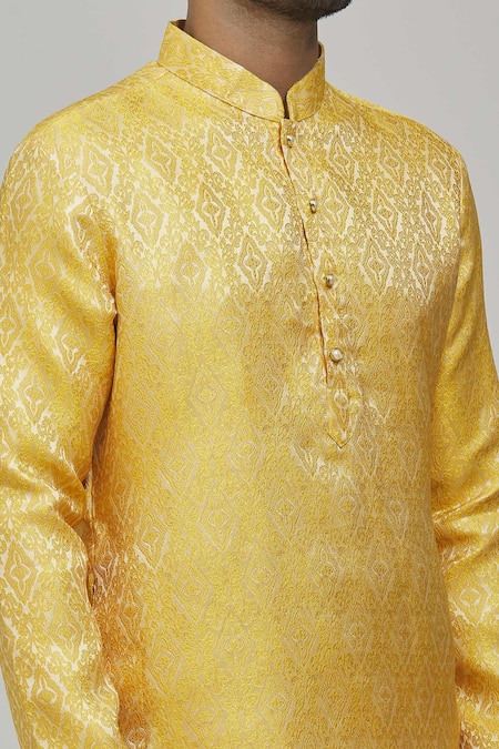 Shop_Arihant Rai Sinha_Yellow Jacquard, Silk, Cotton Woven Bright Kurta And Patiala Pant Set _Online_at_Aza_Fashions