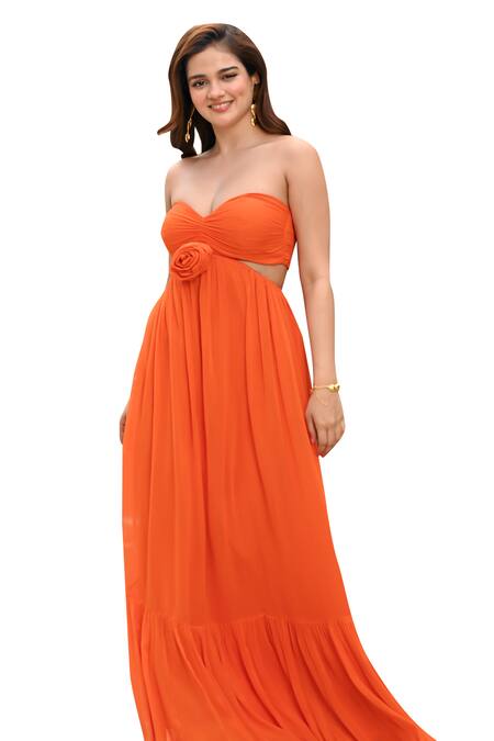 Shop_Nore 21_Orange Georgette Solid Sweetheart Rose Tube Maxi Dress_Online_at_Aza_Fashions