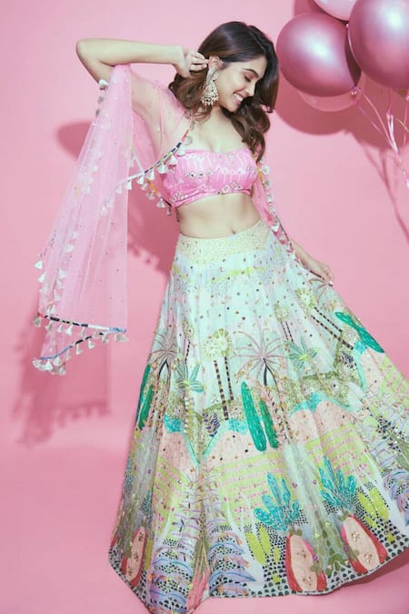 Payal Singhal Pink Dupion Silk And Embroidery Kite Ivana Tropical Lehenga Set