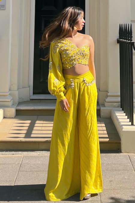 Buy_Payal Singhal_Green Denim Mirrors, Tassels One Shoulder Embroidered Blouse And Pant Set 