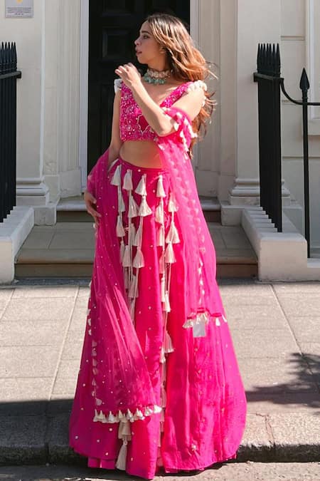 Shop_Payal Singhal_Pink Georgette Embroidery Cascading Tassel Round Neck Work Lehenga Set _Online_at_Aza_Fashions