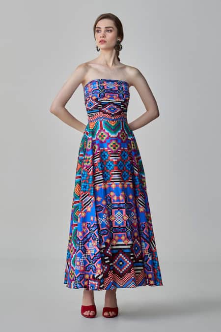 Shop_Saaksha & Kinni_Blue Cotton Off-shoulder Frenchy Ikat Print Maxi Dress_Online_at_Aza_Fashions