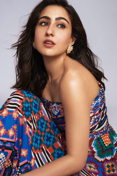 Saaksha & Kinni_Blue Cotton Off-shoulder Frenchy Ikat Print Maxi Dress_at_Aza_Fashions