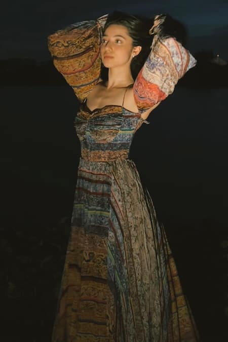 Shop Saaksha & Kinni Multi Color Chiffon Sweetheart Neck Anna Geometric Print Maxi Dress Online at Aza Fashions Shop_Saaksha & Kinni_Multi Color Chiffon Sweetheart Neck Anna Geometric Print Maxi Dress _Online_at_Aza_Fashions