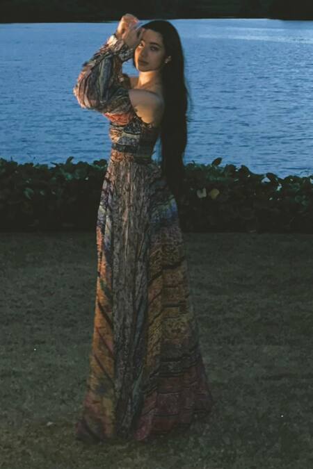 Shop Saaksha & Kinni Multi Color Chiffon Sweetheart Neck Anna Geometric Print Maxi Dress Shop_Saaksha & Kinni_Multi Color Chiffon Sweetheart Neck Anna Geometric Print Maxi Dress