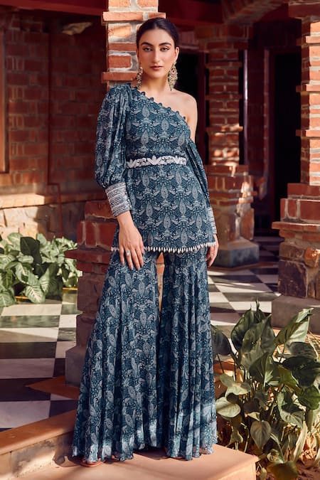 RITIKA VERMA Blue Georgette Embroidered Sequin One- Aafreen Masakali Print Tunic With Gharara 