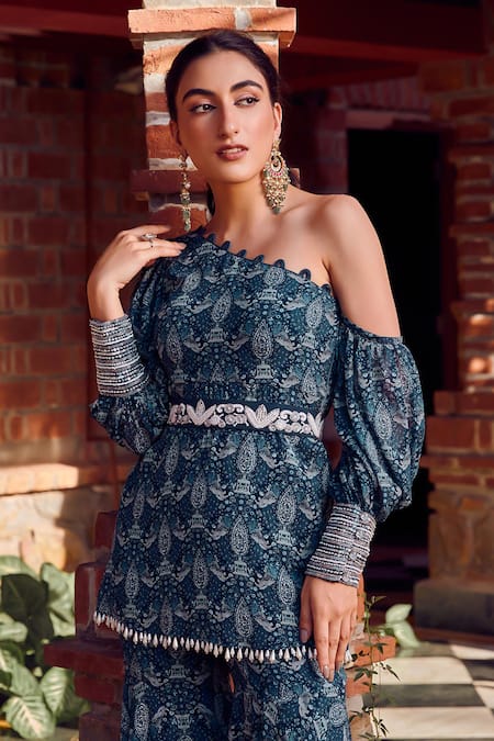 Ritika Verma_Blue Georgette Cut Work, Pearls, Aafreen Masakali Print Tunic With Gharara _Online_at_Aza_Fashions