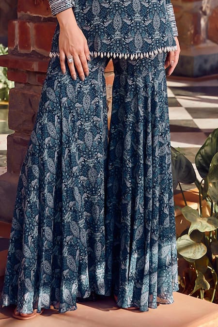 Buy_Ritika Verma_Blue Georgette Cut Work, Pearls, Aafreen Masakali Print Tunic With Gharara _Online_at_Aza_Fashions