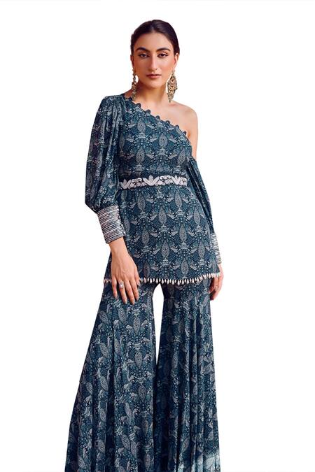 Shop_Ritika Verma_Blue Georgette Cut Work, Pearls, Aafreen Masakali Print Tunic With Gharara _Online_at_Aza_Fashions