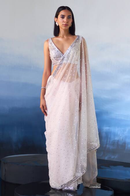 Shop_Angad Singh_Pink Organza Pearls, Sequins, Crystals, Starry Affair Embroidered Saree Set _Online_at_Aza_Fashions