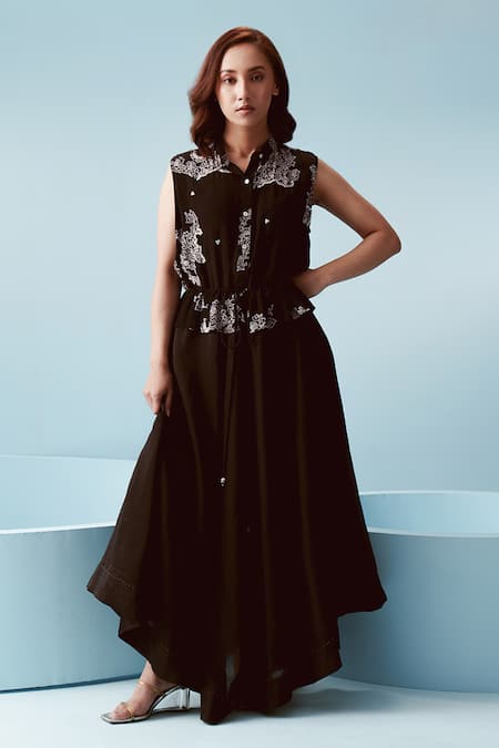 Kavya Singh Kundu Black Crepe Print Bloom Stand Collar Amaal Dress