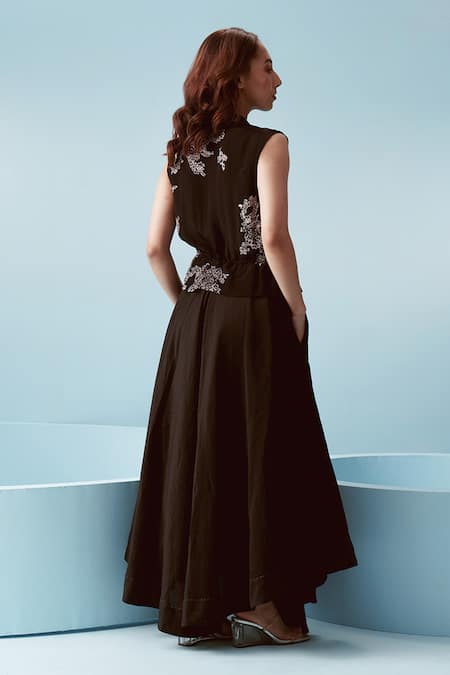 Shop Kavya Singh Kundu Black Chanderi, Crepe Embroidery Collared Amaal Bloom Print Dress at Aza Fashions Shop_Kavya Singh Kundu_Black Chanderi, Crepe Embroidery Collared Amaal Bloom Print Dress _at_Aza_Fashions