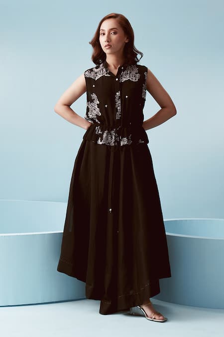 Buy Kavya Singh Kundu Black Chanderi, Crepe Embroidery Collared Amaal Bloom Print Dress Online at Aza Fashions Buy_Kavya Singh Kundu_Black Chanderi, Crepe Embroidery Collared Amaal Bloom Print Dress _Online_at_Aza_Fashions