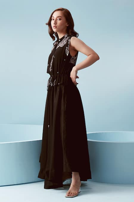 Shop Kavya Singh Kundu Black Chanderi, Crepe Embroidery Collared Amaal Bloom Print Dress Online at Aza Fashions Shop_Kavya Singh Kundu_Black Chanderi, Crepe Embroidery Collared Amaal Bloom Print Dress _Online_at_Aza_Fashions