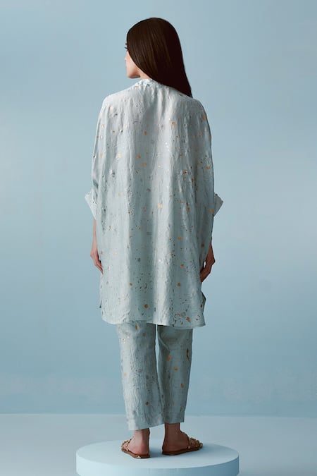 Shop Kavya Singh Kundu Blue Silk High Neck Moirra Hand Splatter Paint Print Tunic With Pant at Aza Fashions Shop_Kavya Singh Kundu_Blue Silk High Neck Moirra Hand Splatter Paint Print Tunic With Pant _at_Aza_Fashions