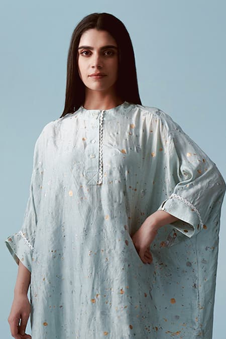 Kavya Singh Kundu Blue Silk High Neck Moirra Hand Splatter Paint Print Tunic With Pant Online at Aza Fashions Kavya Singh Kundu_Blue Silk High Neck Moirra Hand Splatter Paint Print Tunic With Pant _Online_at_Aza_Fashions