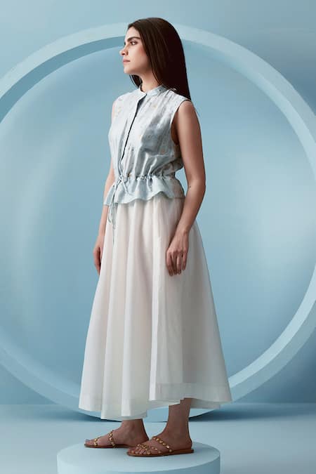 Buy_Kavya Singh Kundu_White Chanderi, Handloom Cotton Moscow Hand Splatter Paint Print Peplum Dress _Online_at_Aza_Fashions