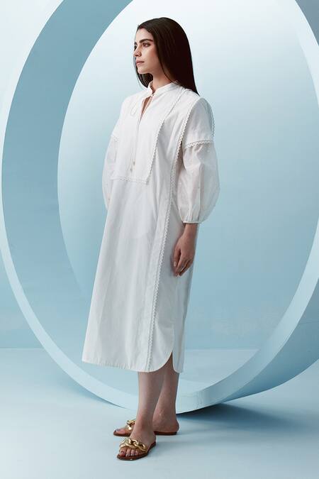 Buy_Kavya Singh Kundu_White Cotton Lace Mandarin Collar Quince Embellished Sheer Sleeves Dress _Online_at_Aza_Fashions