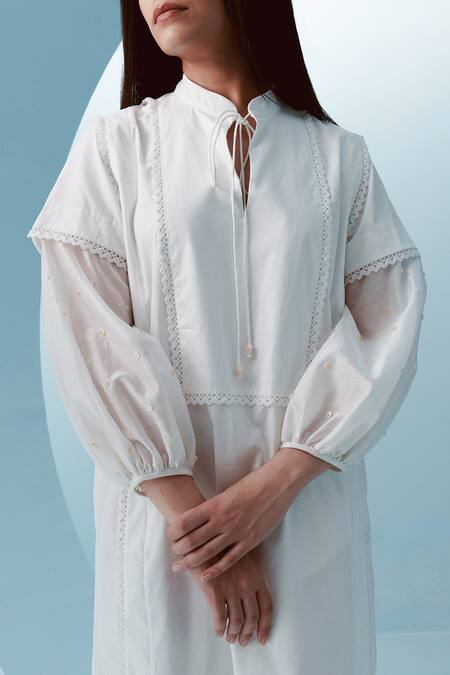 Shop_Kavya Singh Kundu_White Cotton Lace Mandarin Collar Quince Embellished Sheer Sleeves Dress _Online_at_Aza_Fashions