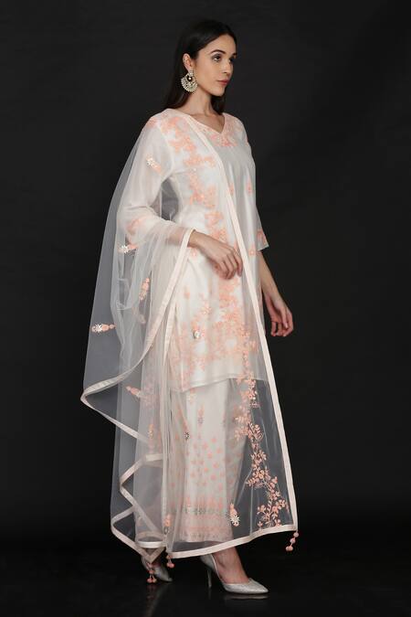 Anju & Harleen_Ivory Silk, Chanderi Embroidery, Diamonds V-neck Dori Floral Kurta Palazzo Set _Online_at_Aza_Fashions